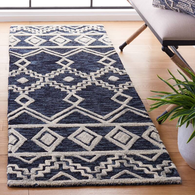 SAFAVIEH Handmade Abstract Zelina Modern Wool Rug - 2'3" x 8' Runner - Navy/Ivory