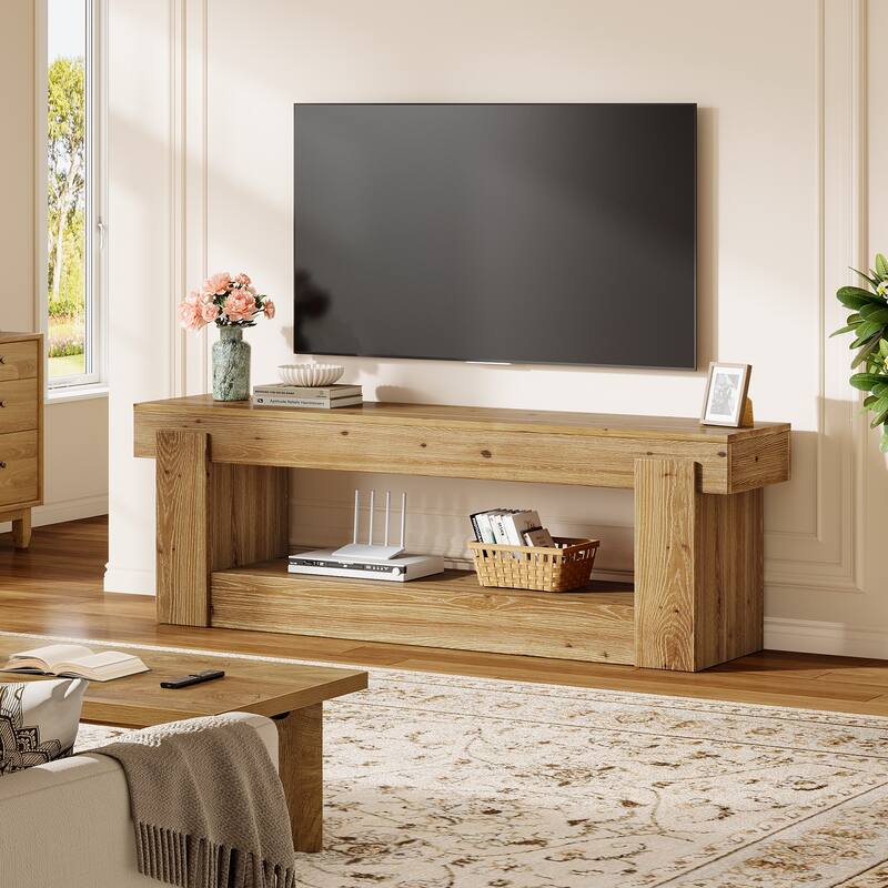 2 Tier Solid Wood TV Stand for Living Room, Fits TVs Up to 75 inches - 62.99" L x 15.75" W x 23.62" H
