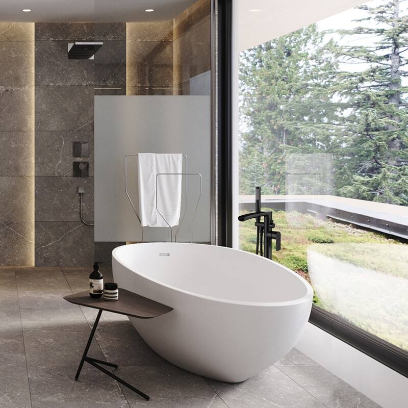 Single Handle Floor Mounted Freestanding Waterfall Tub Filler with Handheld Shower