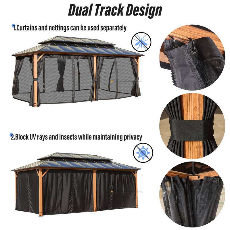 EROMMY Outdoor Wood Gazebo with Double Polycarbonate Roof, Heavy Duty Backyard Patio Pergola Canopy for Garden Shade