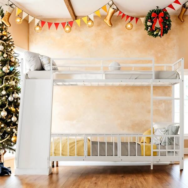 slide 2 of 15, Kid Bed Frame Unique Metal Twin over Twin Size Bunk Bed with Slide and Guardrails White