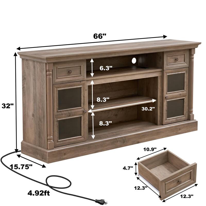 Farmhouse-Style Fireplace TV Stand up to 80-Inch TV with LED Lights, Glass Door Cabinets and Drawers, for Living Room