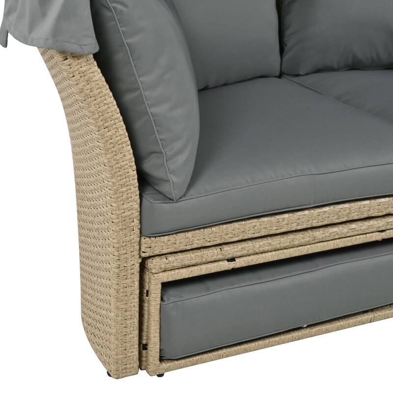 Brown Wicker Rattan Outdoor Day Bed with Gray Cushions and Gray Retractable Canopy