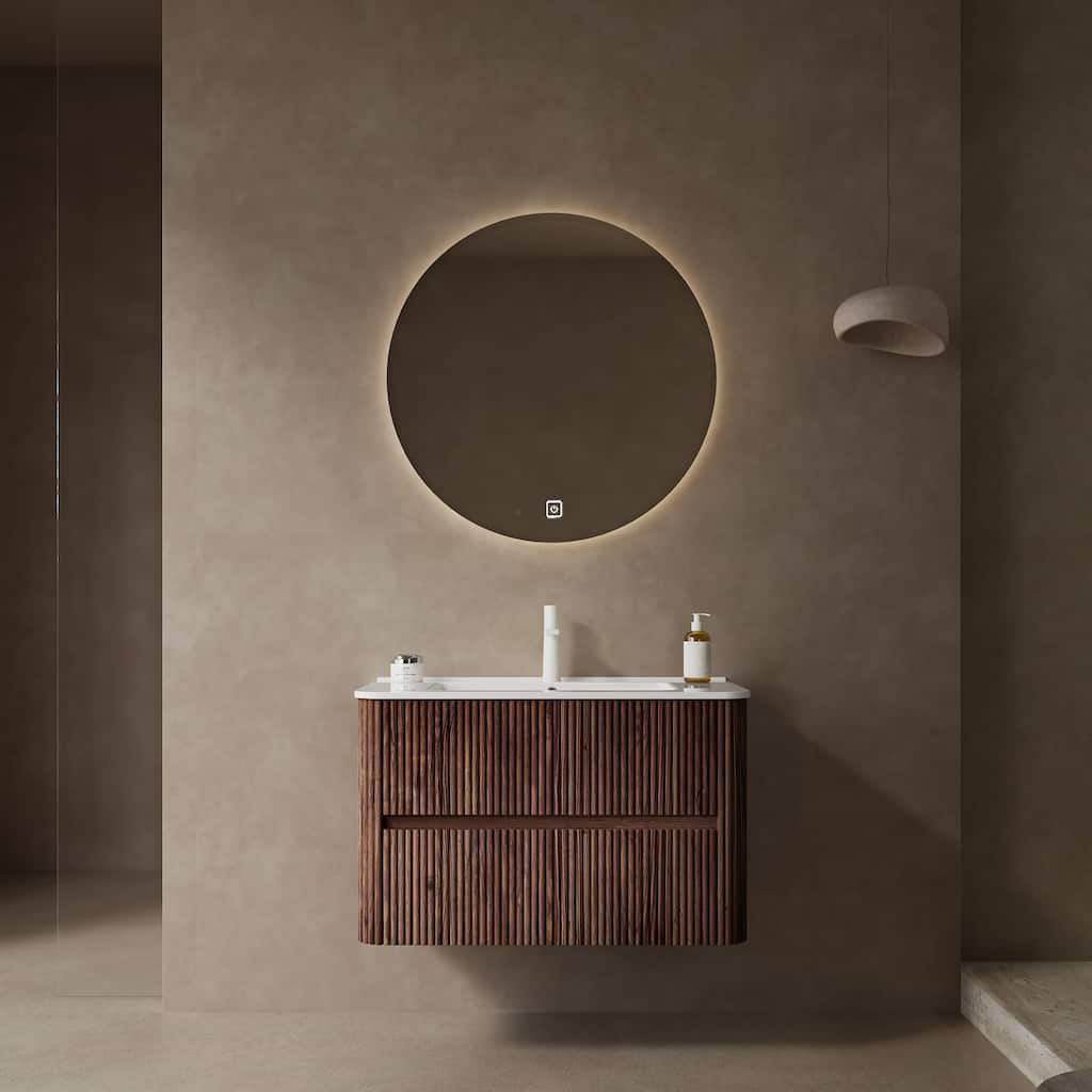 29.92" Wall-Mounted Bathroom Vanity with Premium Ceramic Sink, Retro Walnut Cabinet & Soft-Close Drawers - 29.92in L Ceramic
