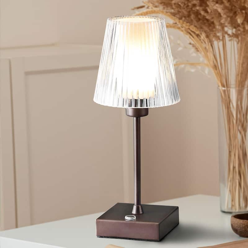 Lina 12.5" Modern Industrial Rechargeable/Cordless Iron/Acrylic Integrated LED Table Lamp with Ribbed Shade, by JONATHAN Y