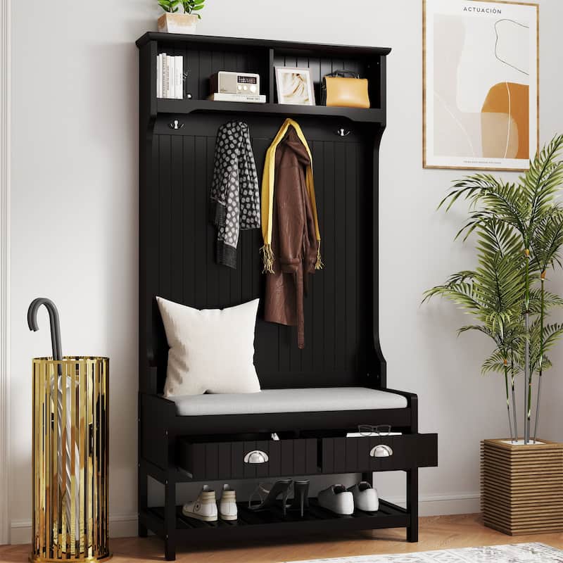 3-in-1 Wood Coat Rack with 2 Storage Drawer and Padded Seat Cushion