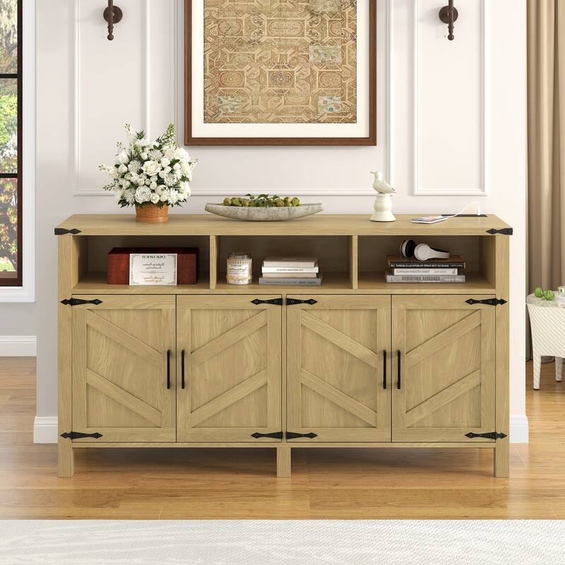 Modern 4-Door Sideboard Buffet with Power Outlets Adjustable Shelves and Half-Open Storage Design