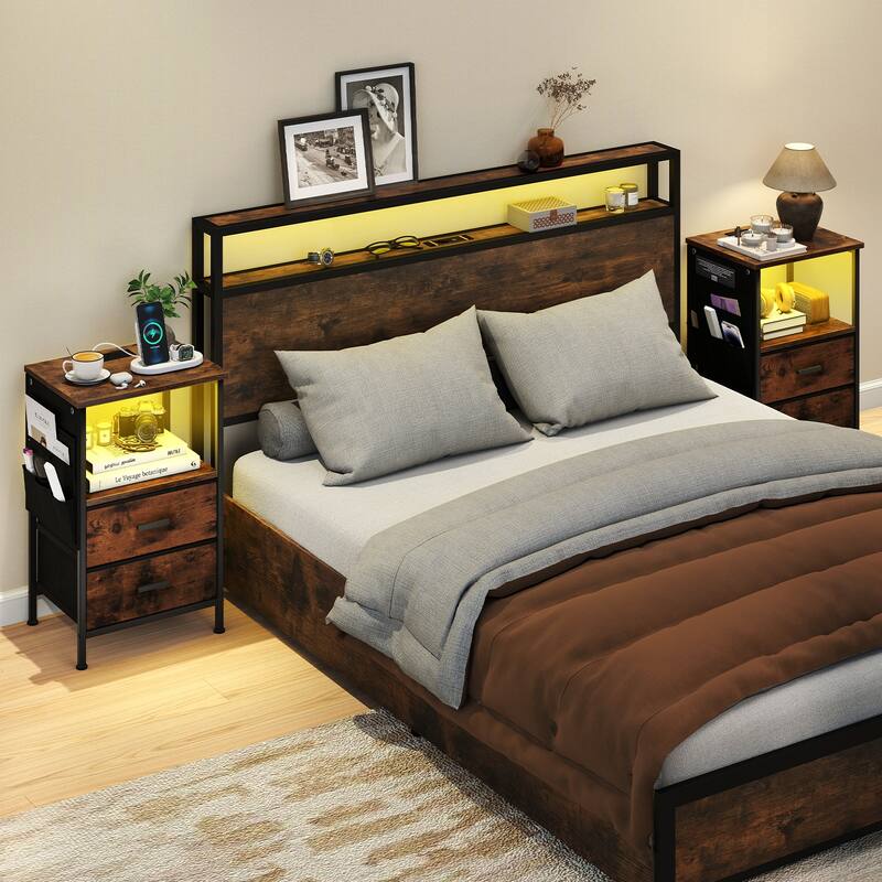 Gymax End Table Set of 2 w/ Charging Station 2 Folding Fabric Drawers