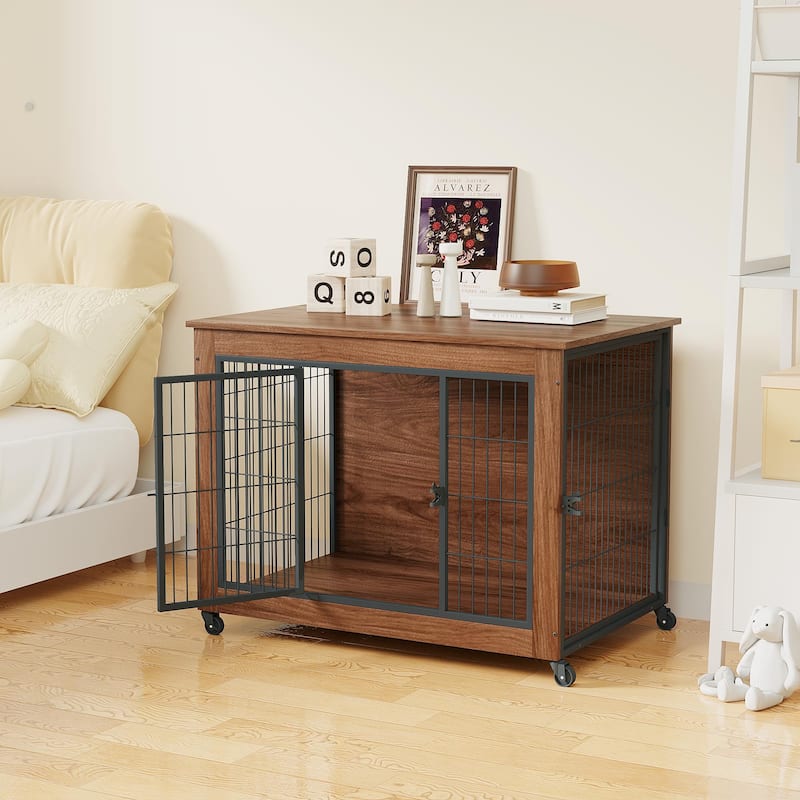 38.6" Dog Crate Furniture with Wheels for Small Dogs, Heavy Duty Dog Kennel Indoor with 2 Doors, Wooden Pet Cage End Table