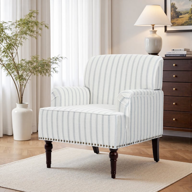 Striped Upholstered Linen Armchair with Brass Nailhead Trim - Light Blue - PINSTRIPED