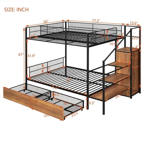 dimension image slide 1 of 2, Twin Over Full Size Bunk Bed with 2 Storage Drawers and Wire Shelving, Metal Bunk Bedframe w/ Lateral Storage Ladder & Wardrobe