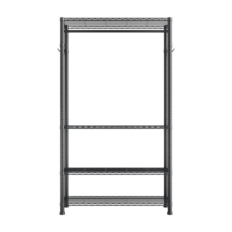 Black Carbon Steel Clothes Rack with 4 Adjustable Shelves 8 Hooks and Hanging Rod for Closet - 30 x 14.02 x 76.38 in