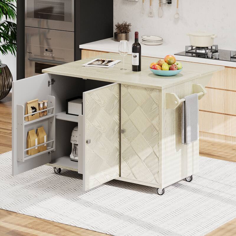 Kitchen Island with Drop Leaf, Coastal Kitchen Island on Wheels with Internal Storage Rack, Rolling Kitchen Cart