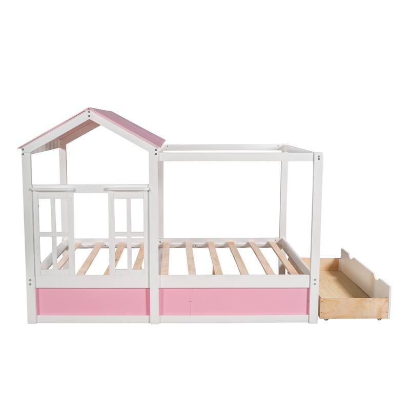 Merax House Bed with Roof, Window and Drawer
