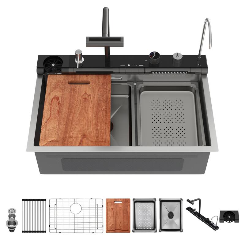 30" Drop-In 16 Gauge Single Bowl Stainless Steel Smart Digital Kitchen Sink with Faucet in Brushed Nickel - 30'' x 19'' x 9''