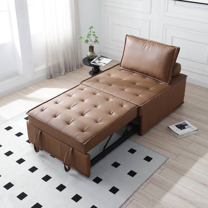 39" Faux Leather Single Multipurpose Ottoman Pull Out Sofa Bed with Adjustable Backrest and Pillow for Living Room