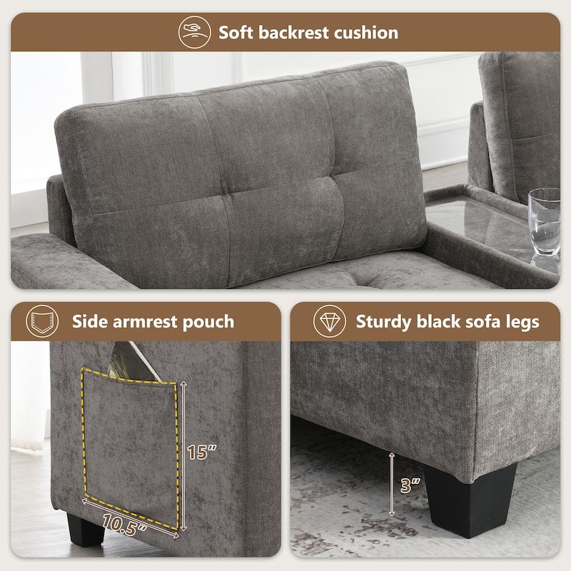 104" Chenille U-Shaped Sectional Sofa with Acrylic Table Tops 2 Consoles Storage Drawers USB Charging Movable Ottoman