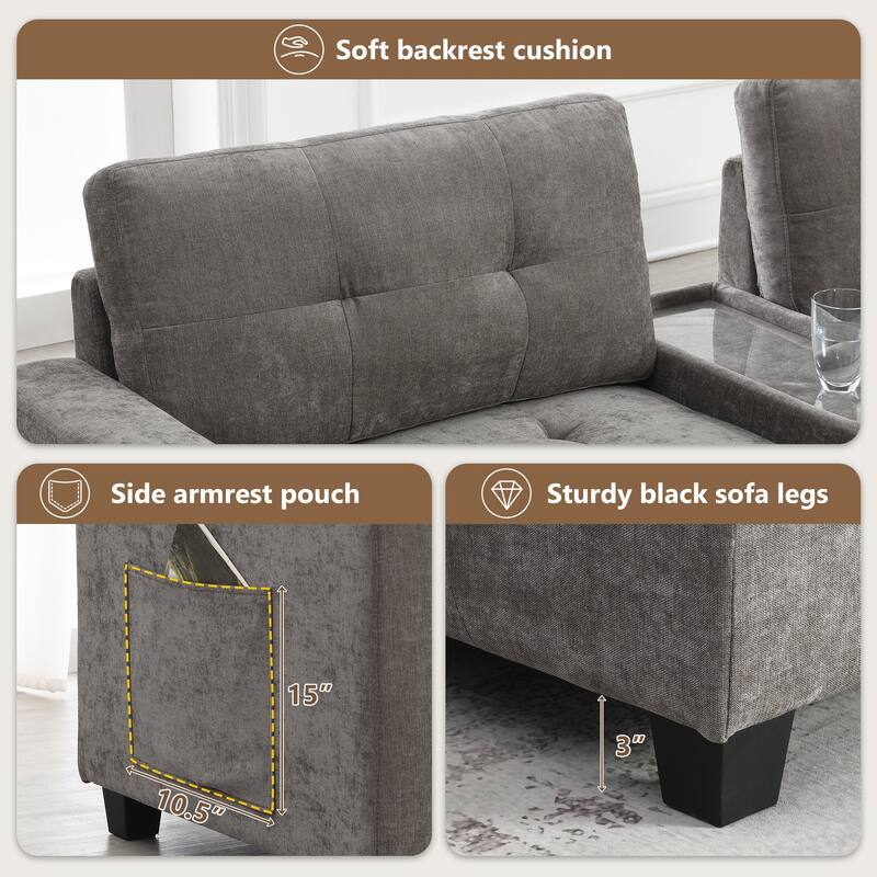 L-shape Chenille Sectional Sofa with 2 Acrylic Consoles Table Top, USB Charger, 2 Drawers, Pockets and Ottoman for Living Room