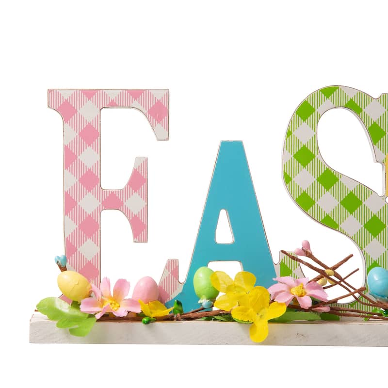 Glitzhome Wooden EASTER HOP Happy Easter with Artificial Rattan Table Sign Decor Centerpiece