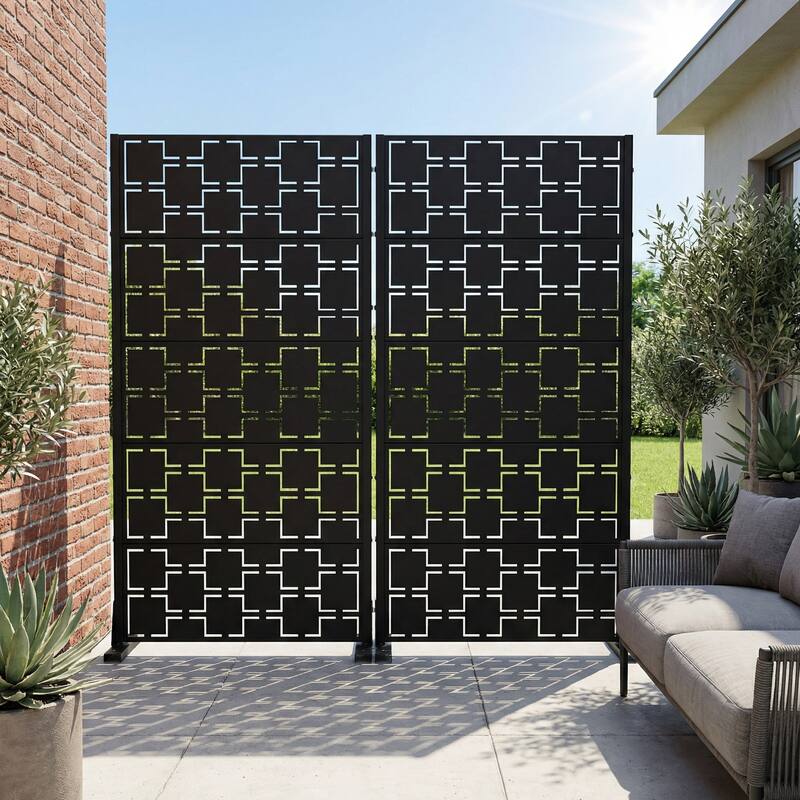 Outdoor Freestanding Metal Privacy Screen Decorative Garden Fence Set of 2 - Black - 59"x30"