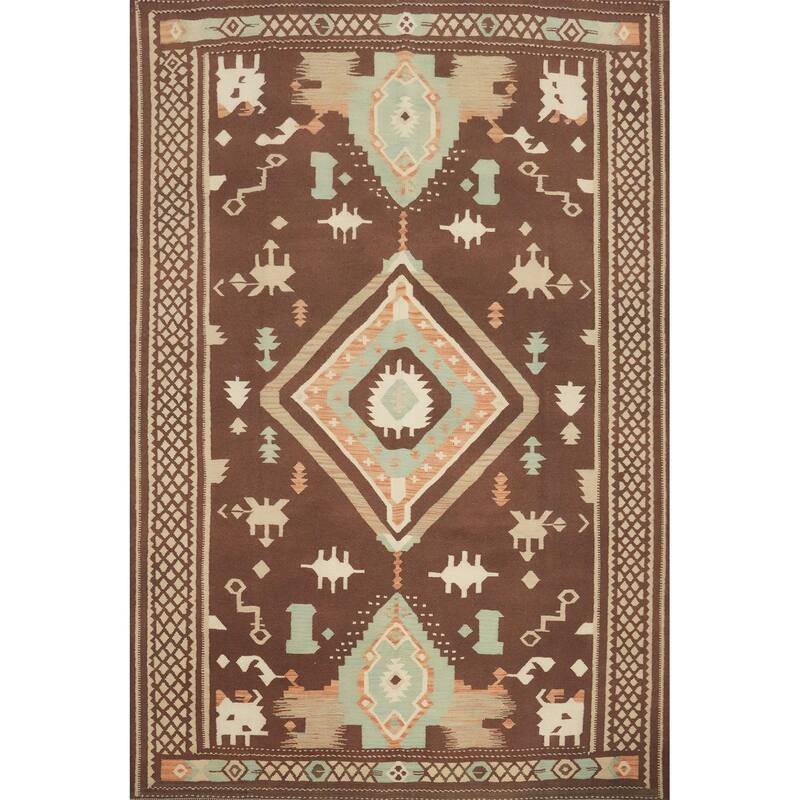 Hand Woven Oriental 100% Wool Carpet Southwestern Tribal Brown Kilim Area Rug - 9' 6'' X 8' 2''