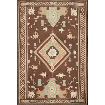 Hand Woven Oriental 100% Wool Carpet Southwestern Tribal Brown Kilim Area Rug - 9' 6'' X 8' 2''