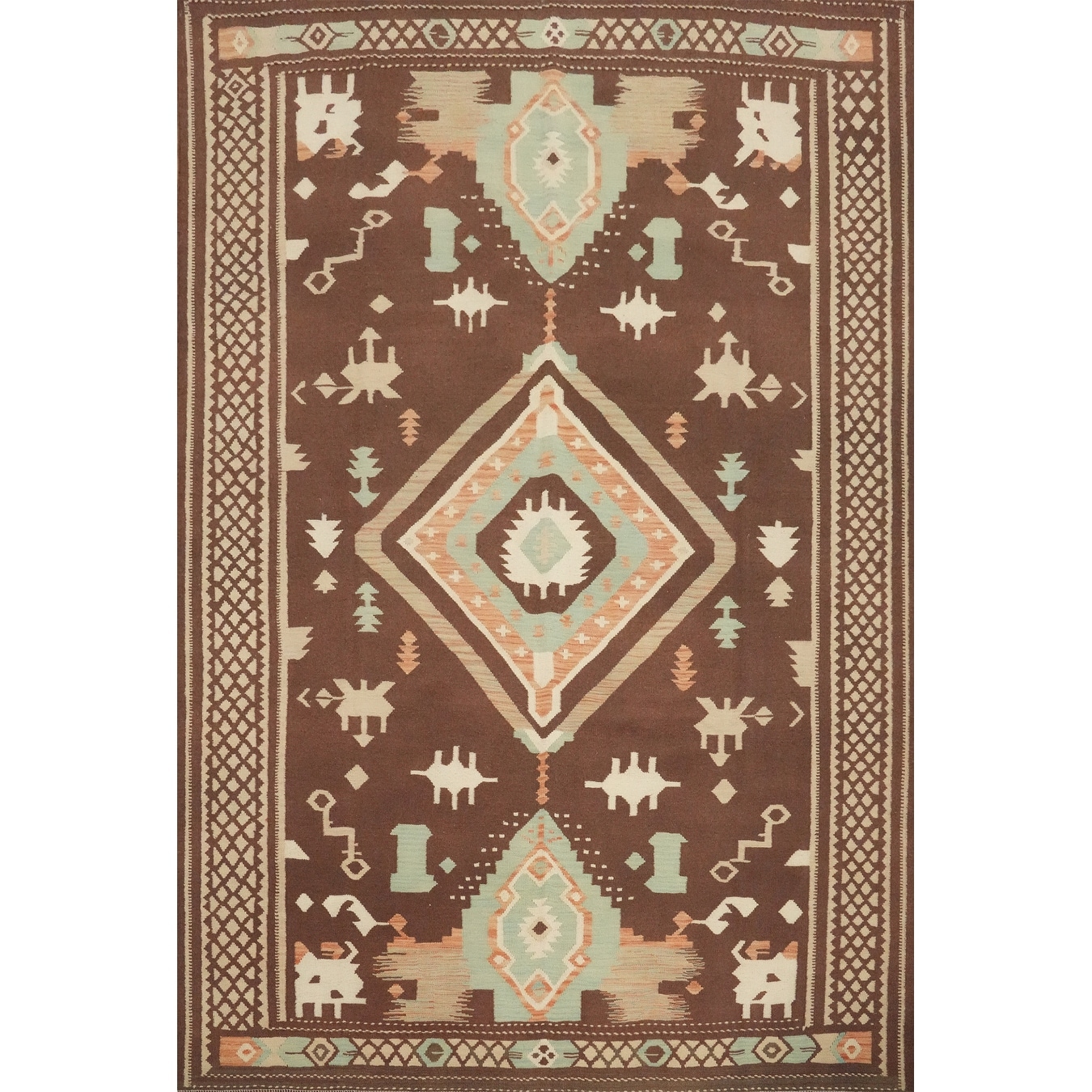 Hand Woven Oriental 100% Wool Carpet Southwestern Tribal Brown Kilim Area Rug - 9' 6'' X 8' 2''