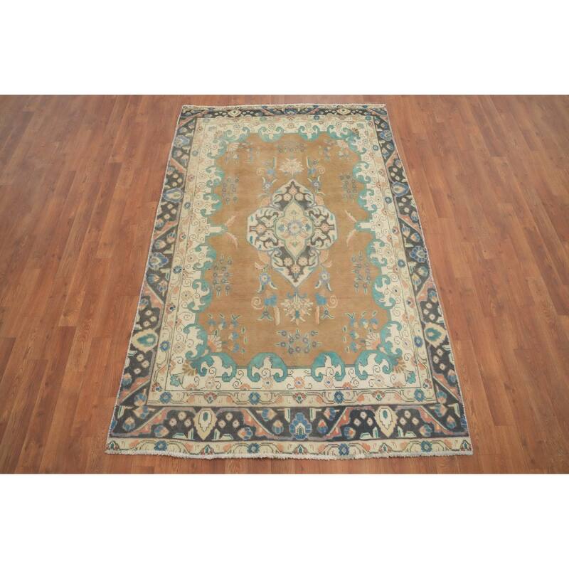 Hand Knotted Oriental 100% Wool Carpet Traditional Medallion Brown Tabriz Area Rug - 6' 6'' X 4' 4''
