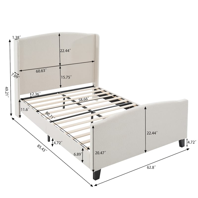 Upholstered Teddy Velvet 49.21" High Headboard Queen Size Bed Frame with 27.17" High Footboard - White