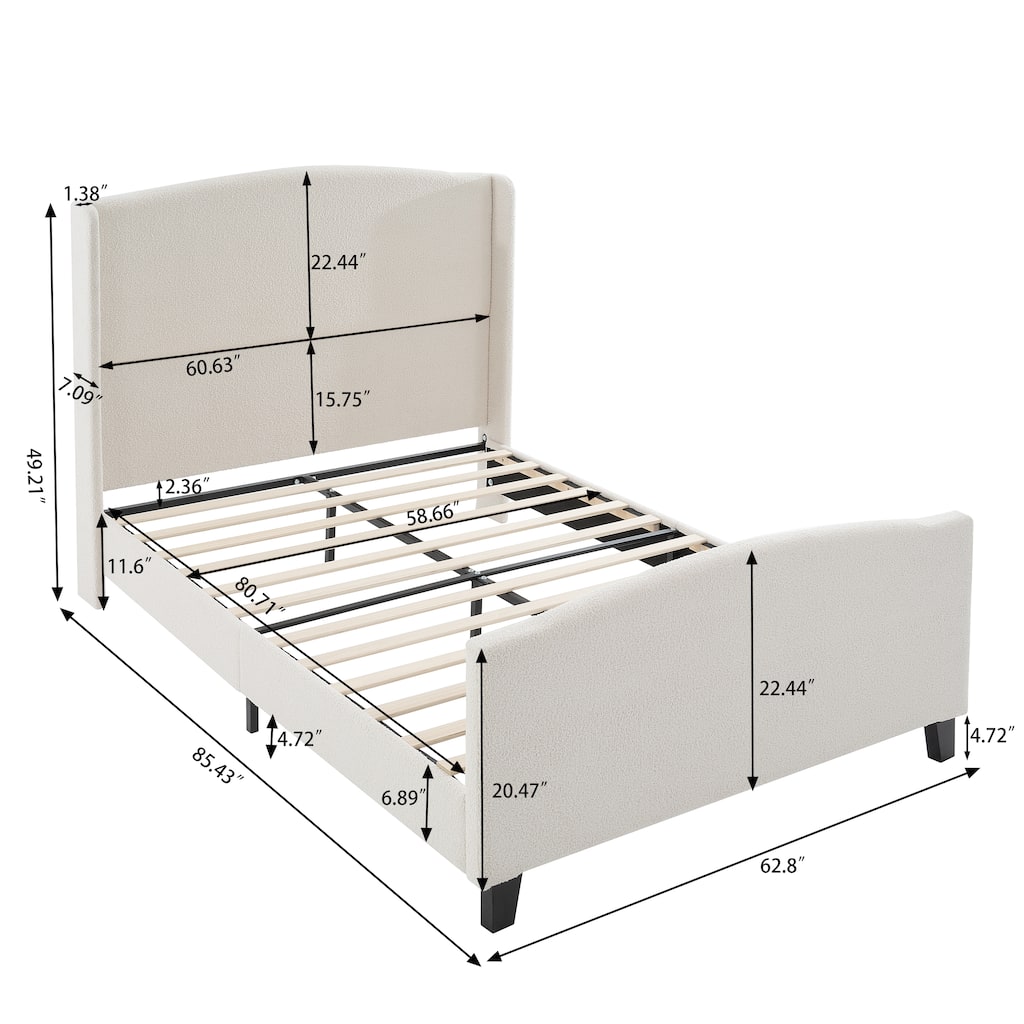 Upholstered Teddy Velvet 49.21" High Headboard Queen Size Bed Frame with 27.17" High Footboard