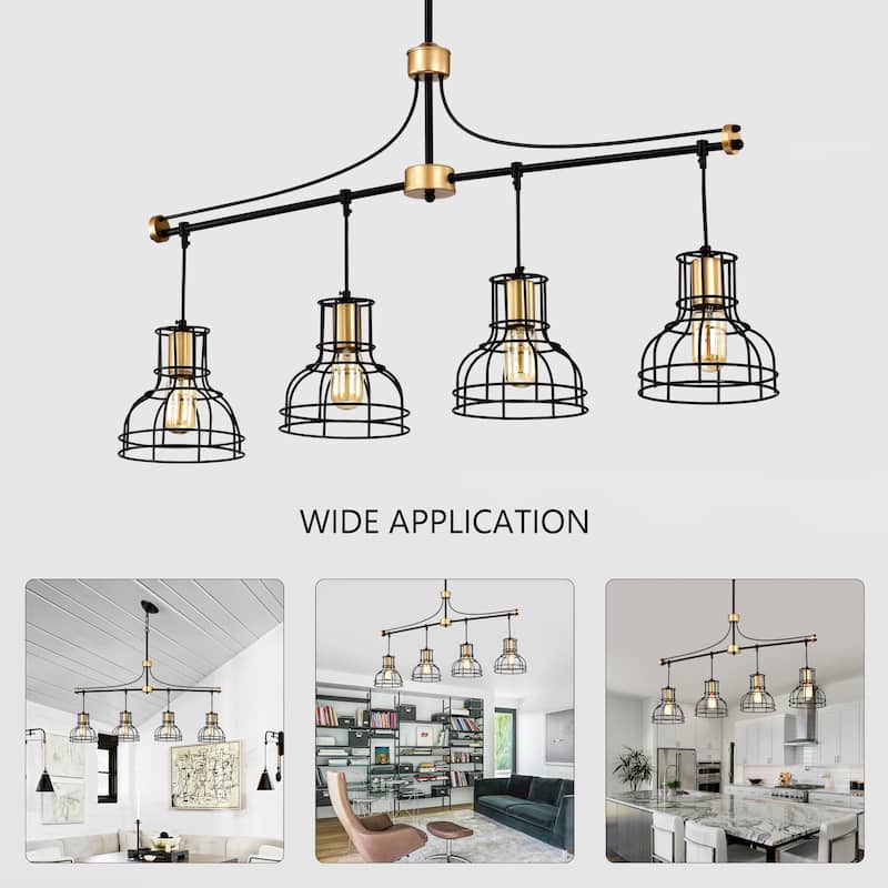 36" Farmhouse Kitchen Island Pendant Light, 4-Light Black Metal & Wood Dining Room Chandelier, Adjustable Height