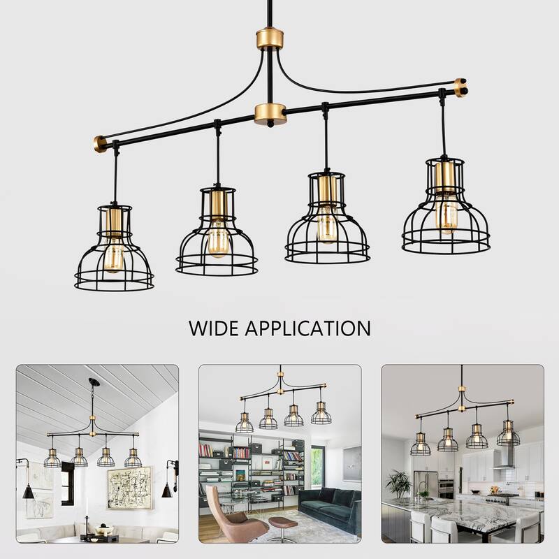 Modern 4-Light Dining Room Chandelier, Matte Black & Gold Metal Island Lighting, 40-Inch Farmhouse Hanging Fixture