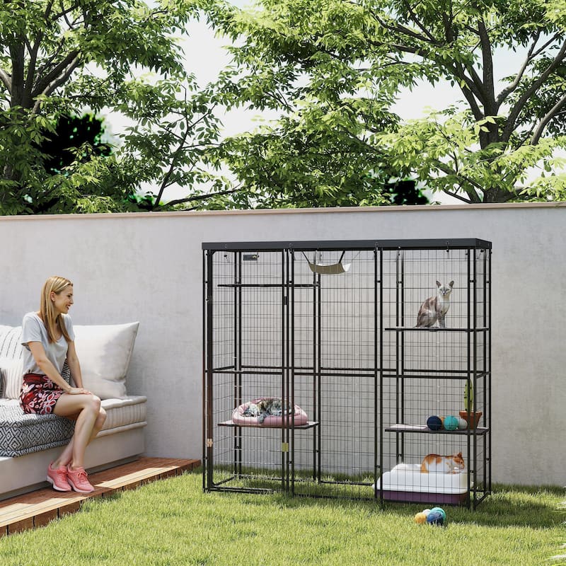 PawHut Weld Wire Catio Outdoor Indoor, Cat Enclosure with Waterproof Cover, 4 Jumping Platforms, Hammock, Black