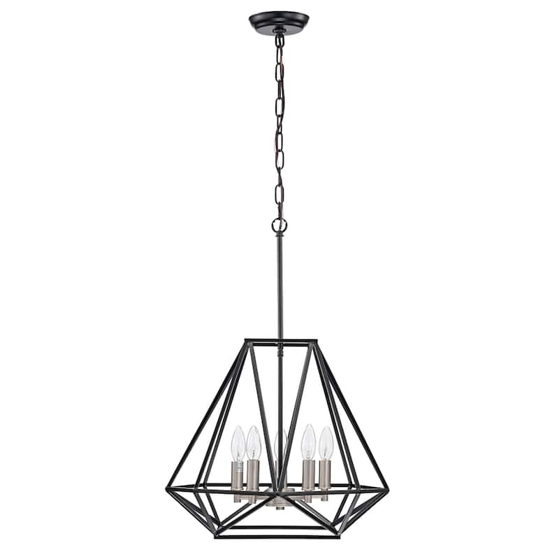 Matte Black and Brushed Nickel 5-Light Geometric Cage Lantern Chandelier