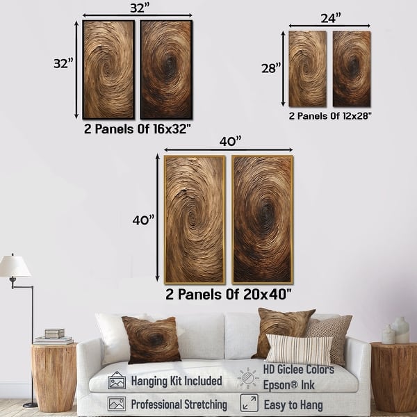 Designart "Brown Calm Current Spiral" Abstract Spirals Canvas Set Of 2 - Modern Wall Art Set - Brown Wall Decor 2 Pieces
