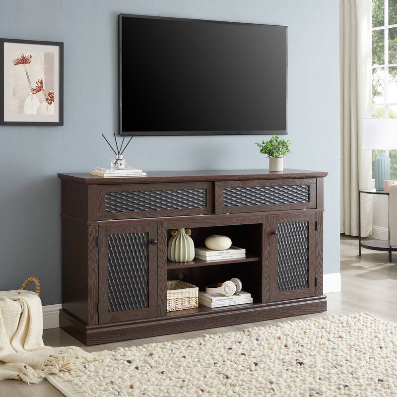 Embossed Pattern TV Stand, TV and Media Console with Open and Closed Storage Space and sliding door
