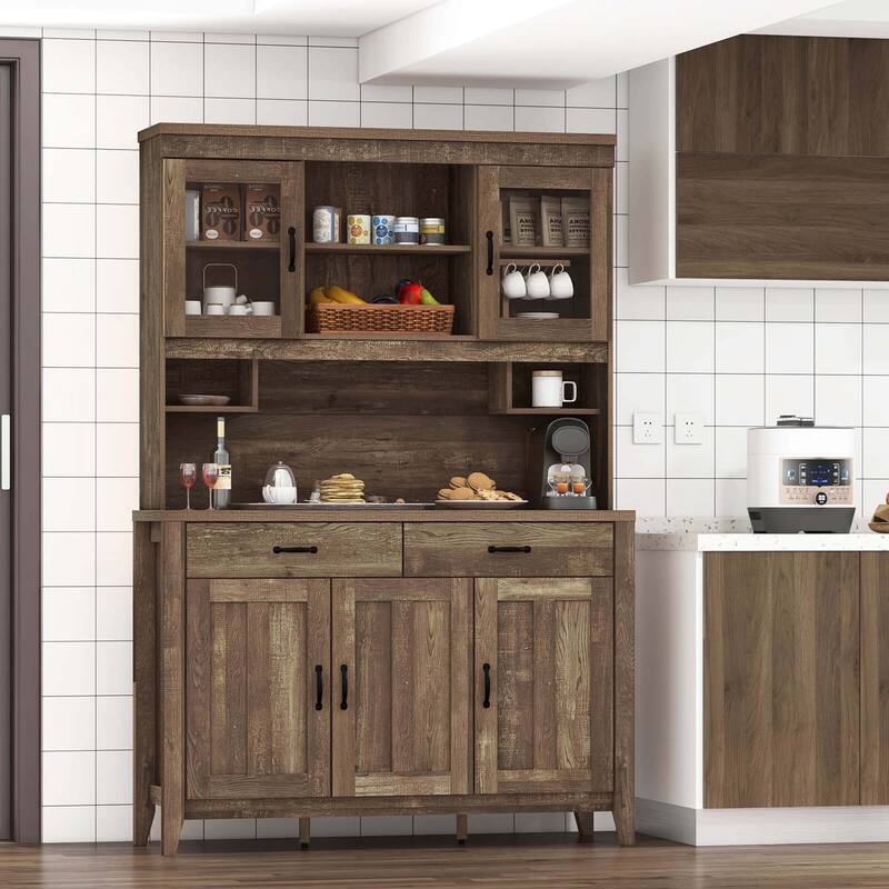 Costway Kitchen Pantry Cabinet with Microwave Countertop Double Glass - See Details