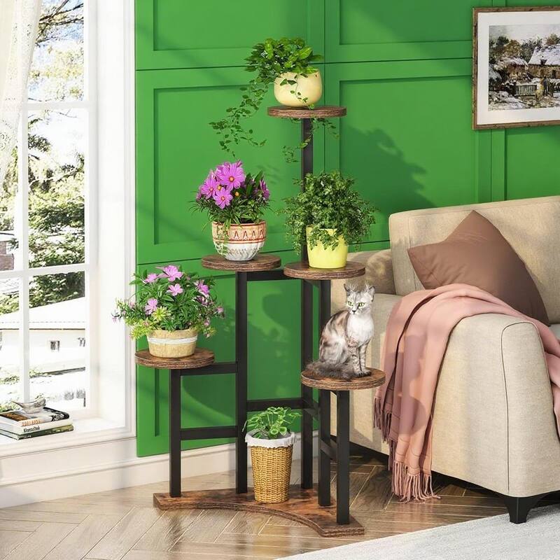 Black-Brown Metal Particleboard 6-Tier Plant Shelf with Round Trays - 17.72” x 17.72” x 43.7”