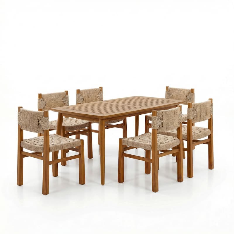 Christopher Knight Home - 7-Piece Acacia Wood Outdoor Dining Table Set with Wicker Woven Dining Chairs