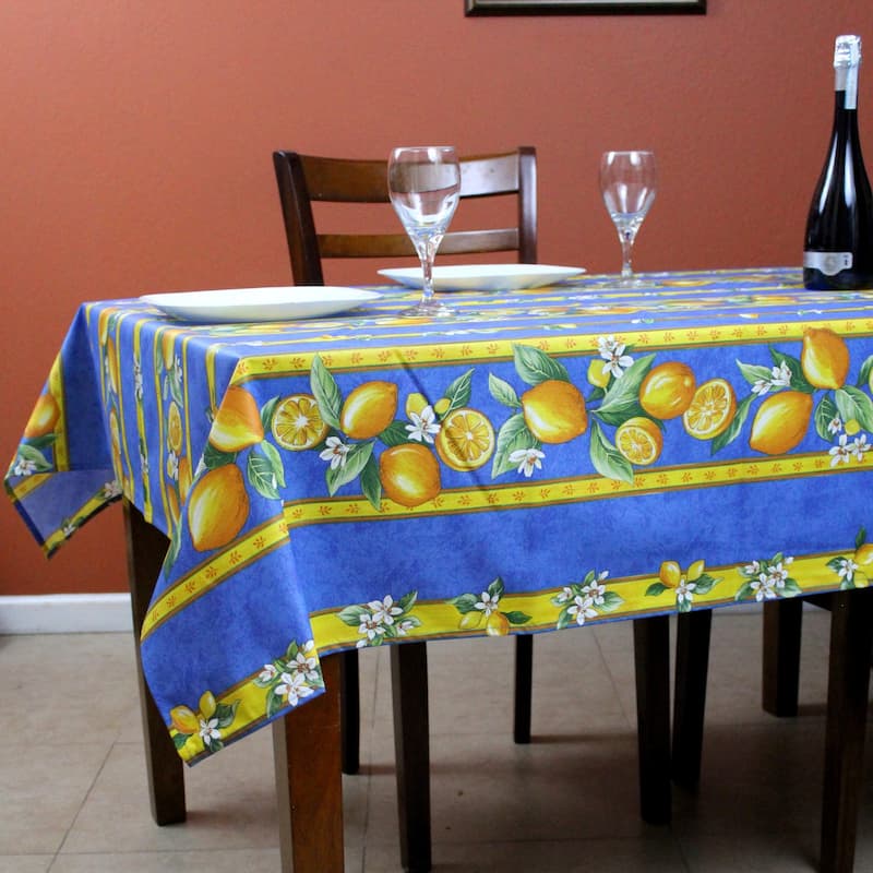 Wipeable Spill Resistant Provencal Cotton Cannes Collection Tablecloth - 60 x 78 in - Blue Citron Stripes