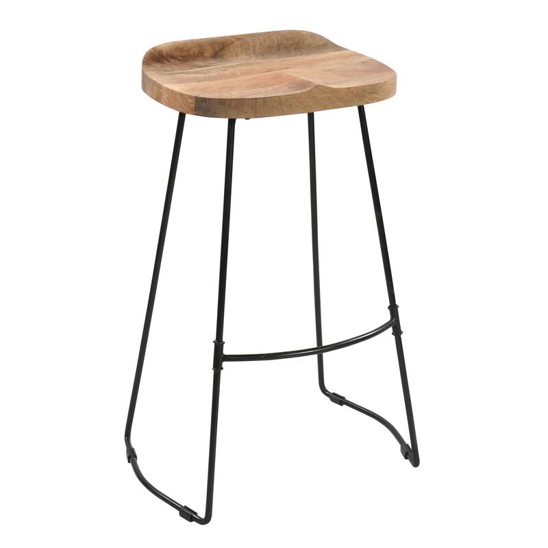 Tiva 30 Inch Handcrafted Backless Barstool, Natural Brown Mango Wood Saddle Seat, Black Metal Base