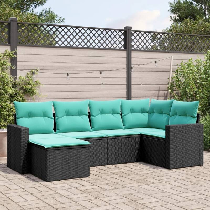 vidaXL 6/7 Piece Patio Sofa Set with Cushions Black Poly Rattan - 24.4" x 24.4" x 27.2" - Black and blue-Without table