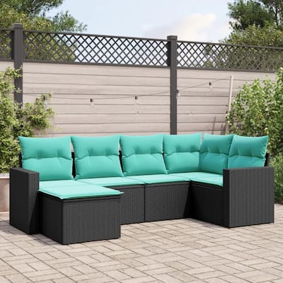vidaXL 6/7 Piece Patio Sofa Set with Cushions Black Poly Rattan - 24.4" x 24.4" x 27.2"