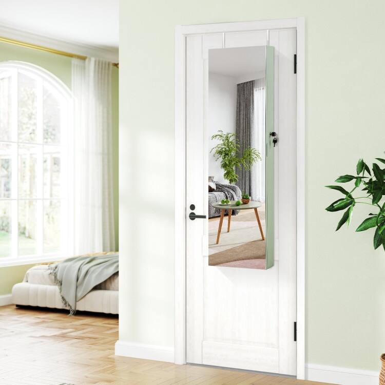 LED Lights Wall and Door Mounted Jewelry Storage Lockable Cabinet with Full Length Mirror - 14" x 4" x 54.5" (L x W x H)