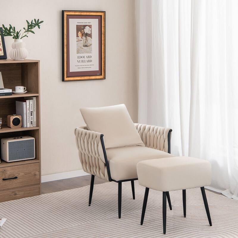 Dutch Velvet Accent Chair with Ottoman and Pillow on Black Metal Frame - 26” x 25.5” x 32”