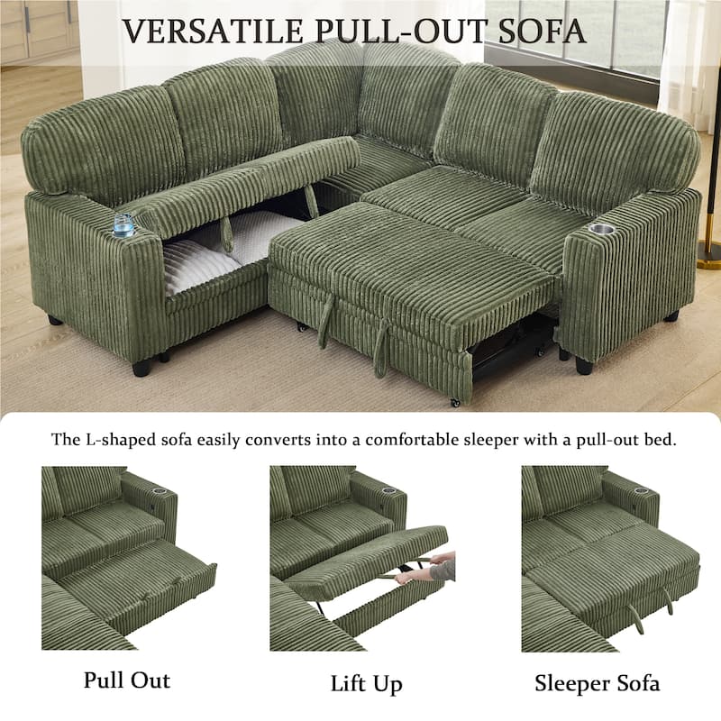 Corduroy Modular Sectional Sleeper Sofa with Pull-Out Bed & Storage, 2-in-1 Convertible Upholstered Sofa Bed with USB Port