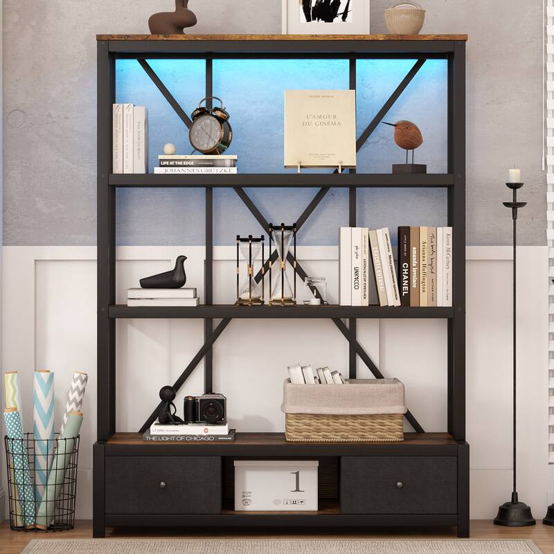 3-Shelf Metal Bookcase with Drawers for Home Office, Open Bookcase, Vintage Industrial Style Bookcase with LED