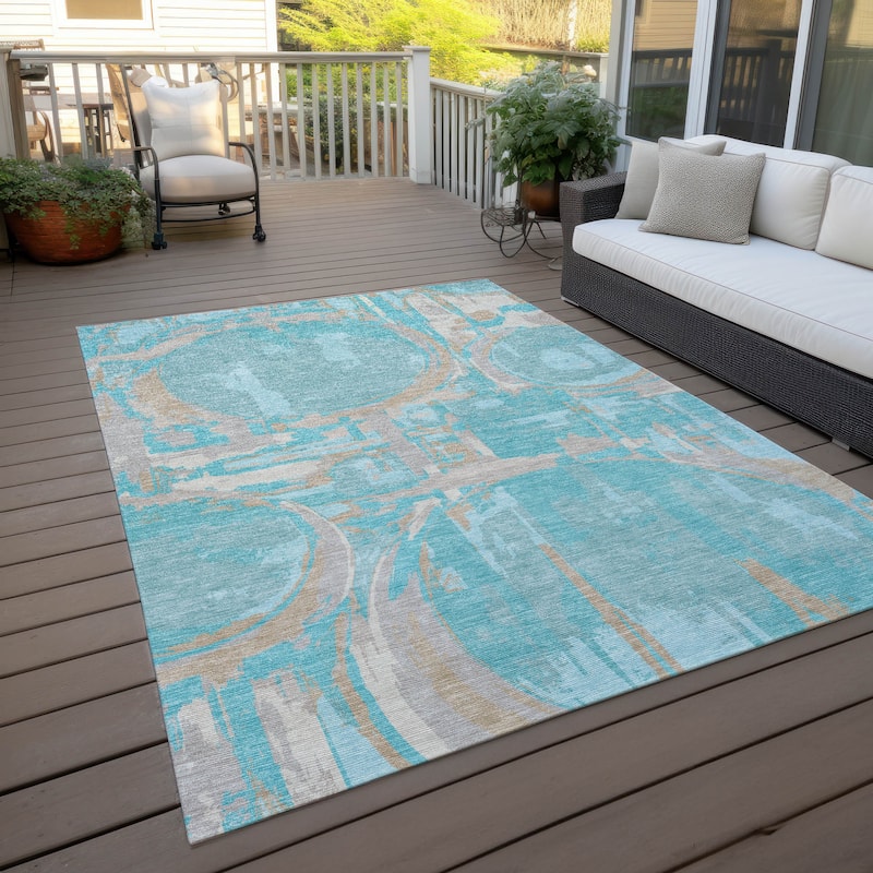 Machine Washable Indoor/ Outdoor Chantille Contemporary Abstract Rug - Teal - 10' x 14'
