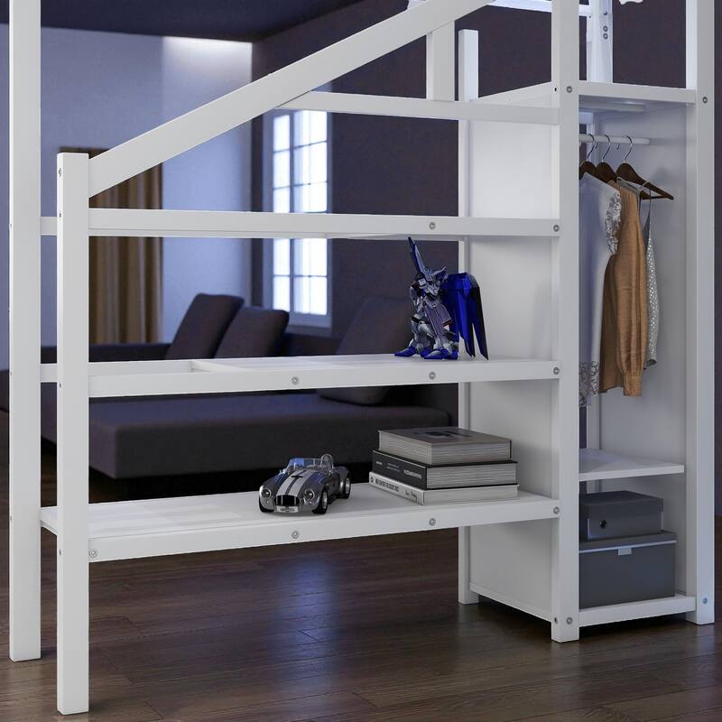 Metal Queen Loft Bed with Wardrobe, L-Shaped Desk, USB Charging Ports and LED Light, Space-Saving Loft Bed for Adults and Teens