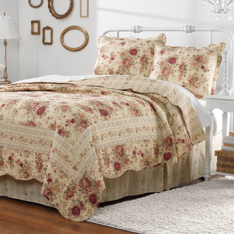 Greenland Home Fashions Antique Rose All-Cotton Reversible Quilt Set - Ecru (3-Piece Set) - Full - Queen